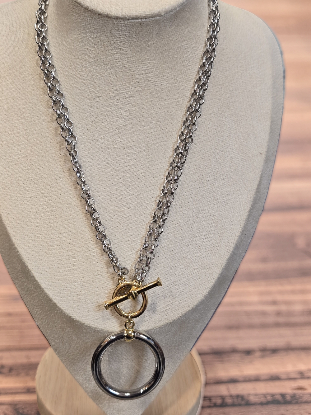 Talbots Mixed Metal Double Layer Chain Link Toggle Necklace